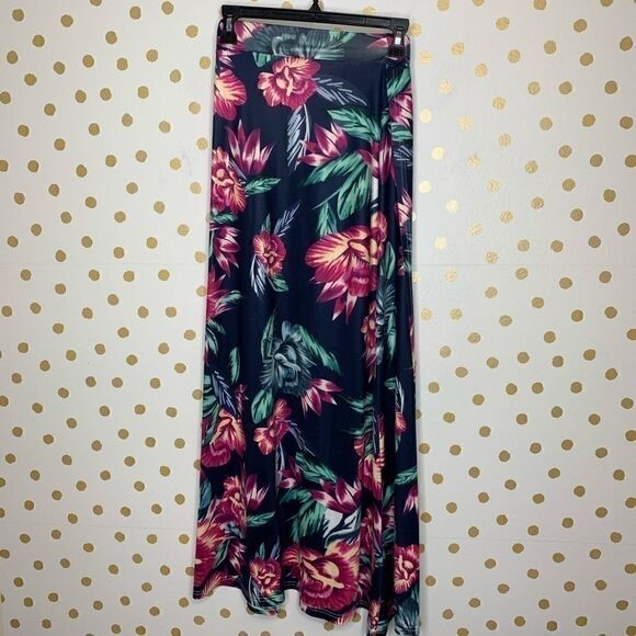 𝅺FLORAL Hibiscus Hawaiian High Slit Maxi Skirt S - Picture 1 of 5